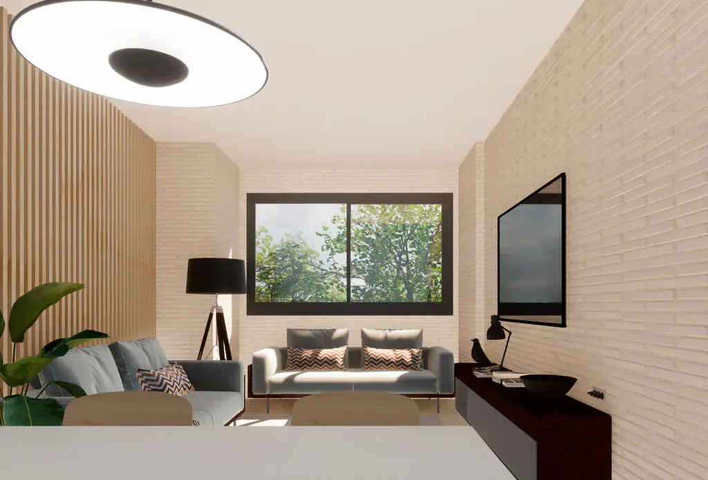 Reforma virtual: la estancia convertida en salón con lamas de madera, pared de ladrillo blanco y sofás