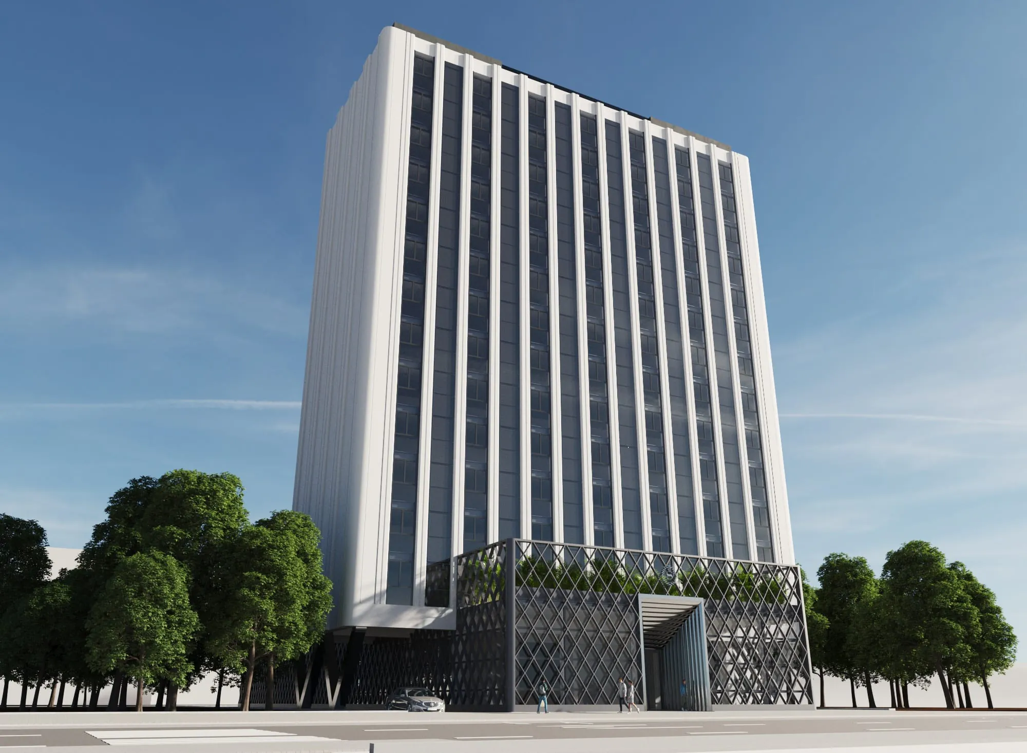 Render del Hotel Valdebebas: torre de catorce plantas con fachada de lamas verticales de aluminio